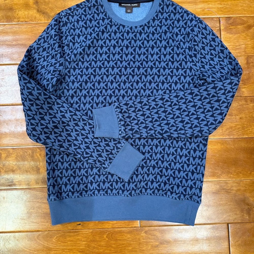 Michael Kors Blue Patterned MK Logo Crewneck Sweater